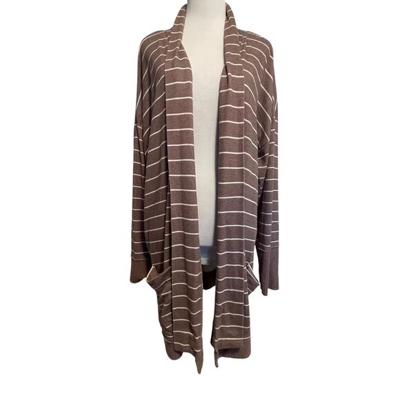 Maurices Cocoa Striped Cardigan Womens Size 2X Open Knit Pocket Topper Layer - Picture 2 of 7
